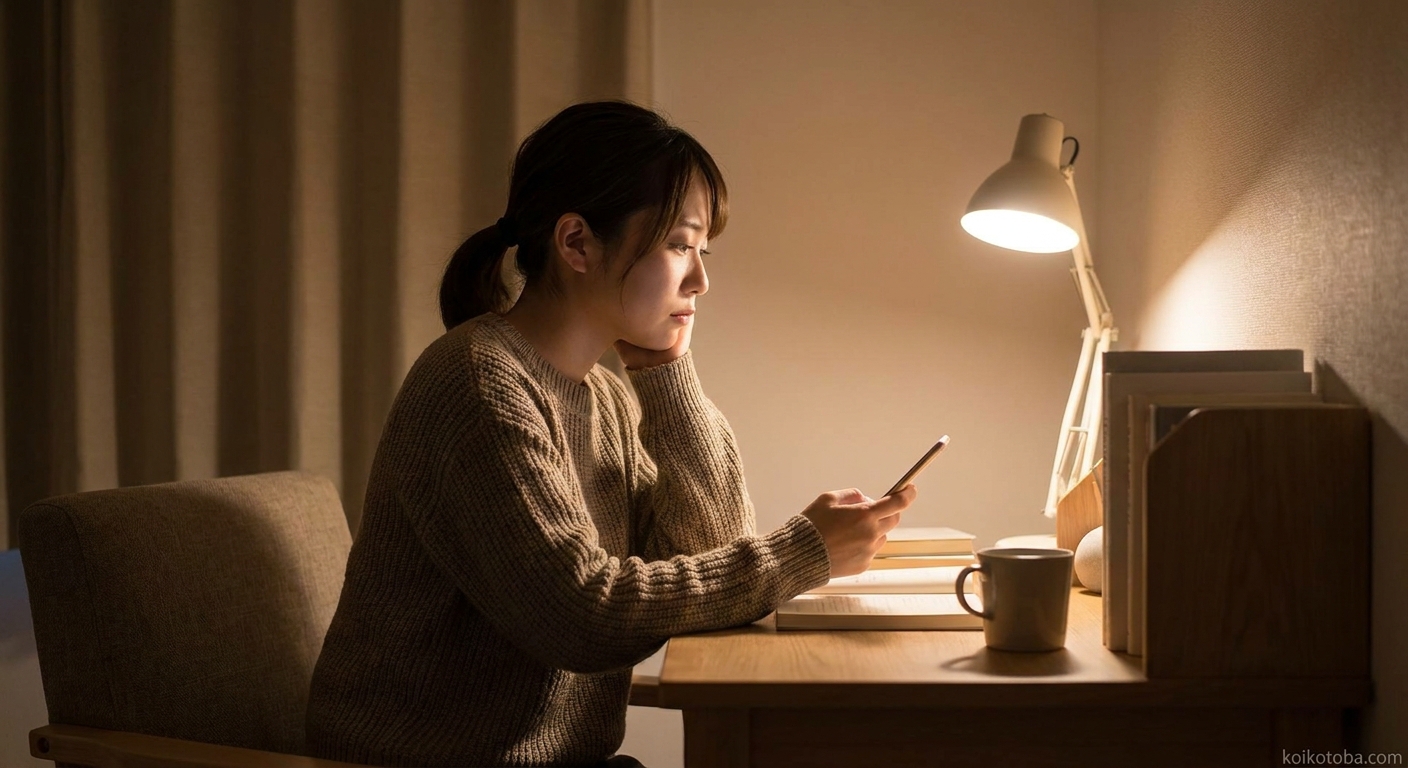 夜にスマートフォンを手に持ち考え込む女性