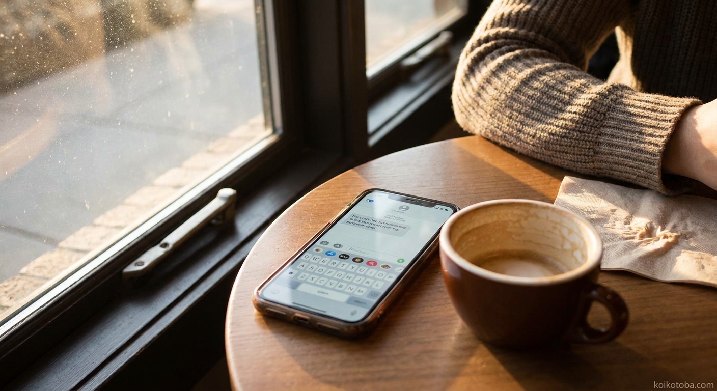 カフェでスマホにメッセージを打ちかけている場面