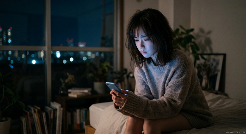 夜にスマホを見つめて返信を待つ女性