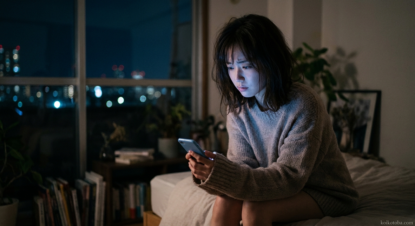 夜にスマホを見つめて返信を待つ女性