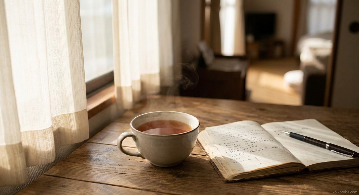 窓辺に置かれた温かいお茶と開かれたノート、穏やかな午後の光
