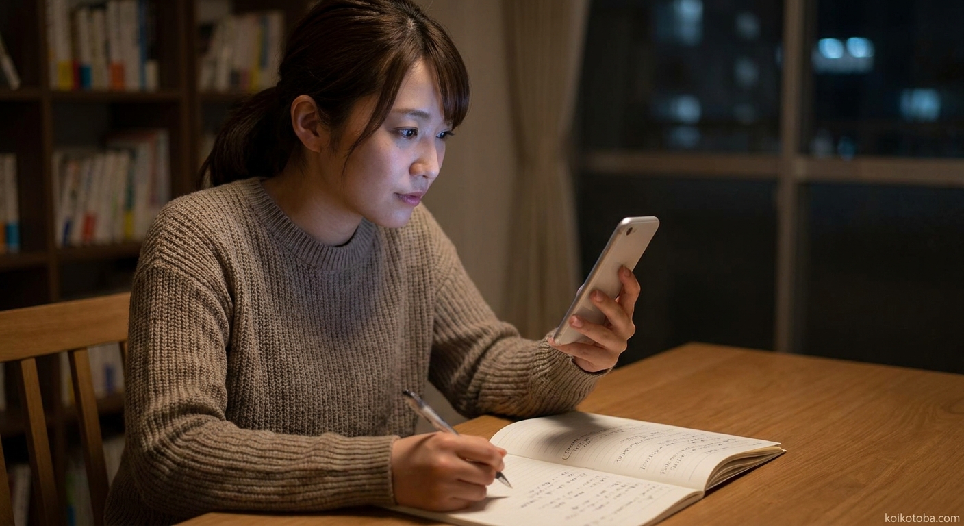 スマートフォンを持ちながら告白の文章を考えている女性