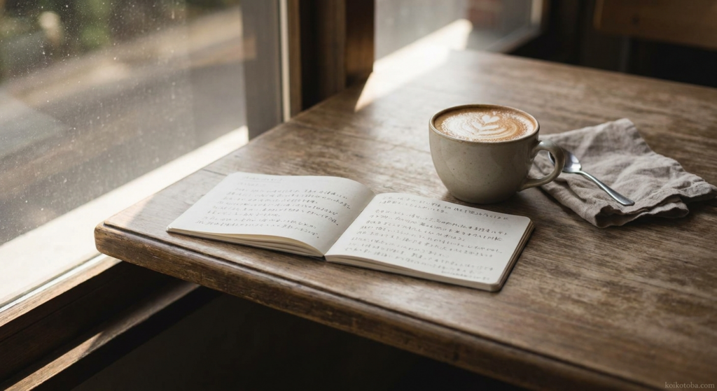 カフェの窓辺に置かれたコーヒーと手書きのメモ帳