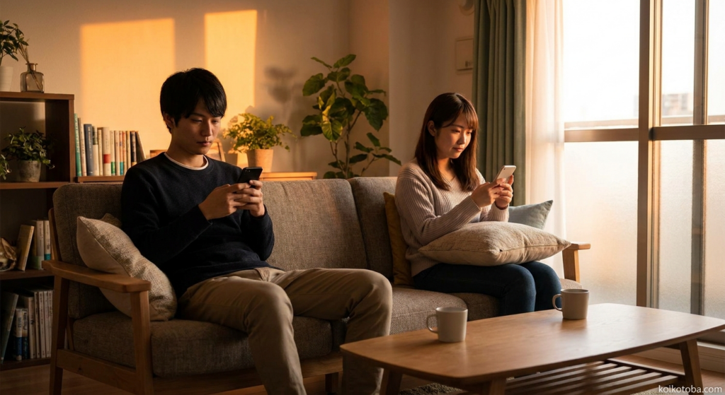 同棲カップルがリビングで距離を感じながらくつろいでいる夕暮れの様子