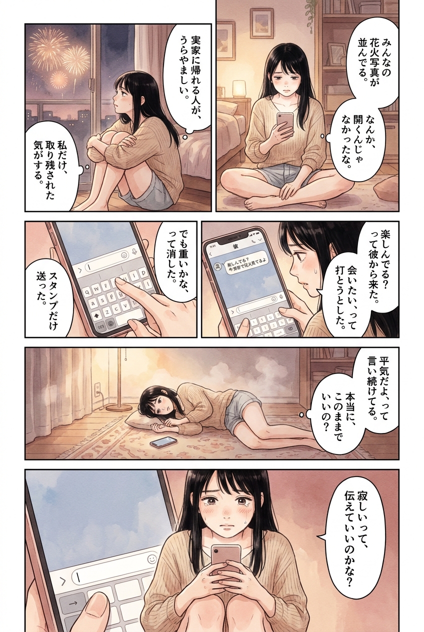 お盆に遠距離で寂しい気持ち、彼に伝える？伝えない？｜恋愛マンガ