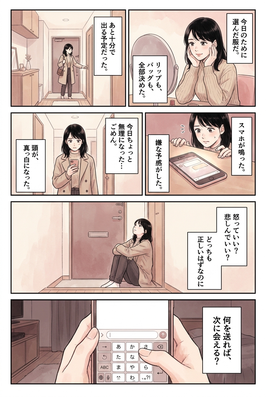 ドタキャンされた時に送る神対応LINE|次のデートに繋がる一言|恋愛マンガ