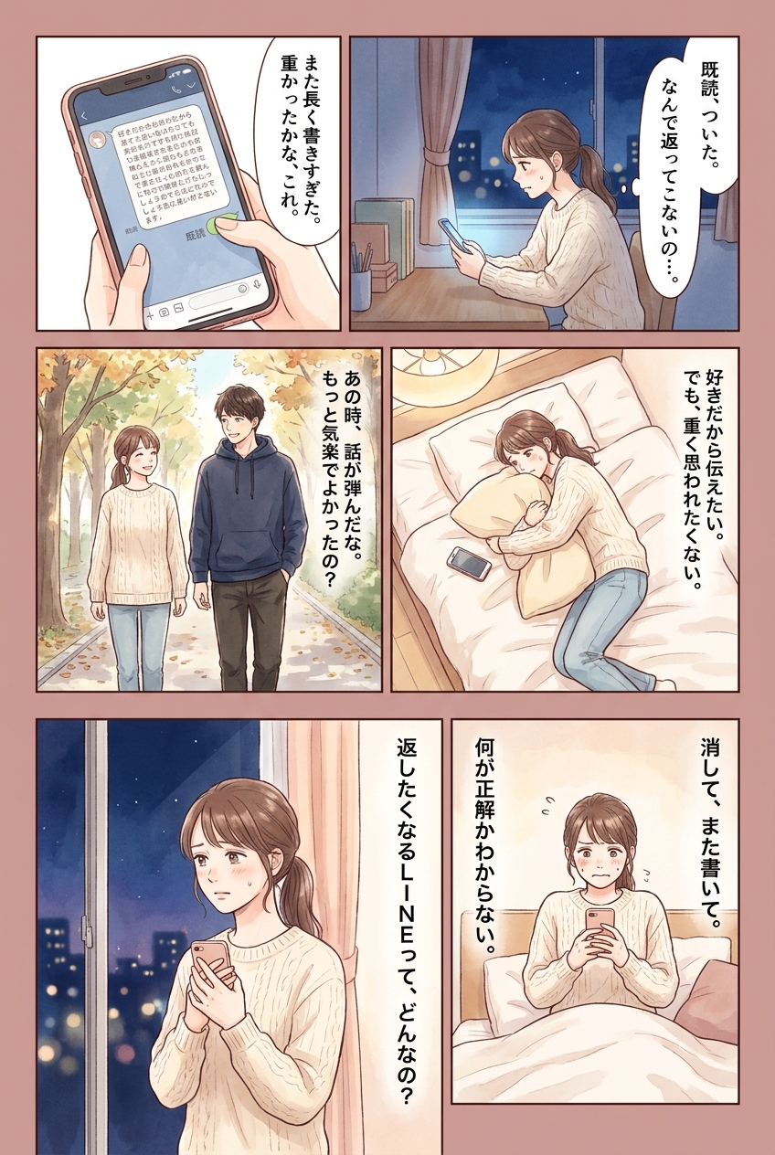 男性が本当に嬉しいLINE、女性の「気遣い」と「距離感」の使い分け｜恋愛マンガ