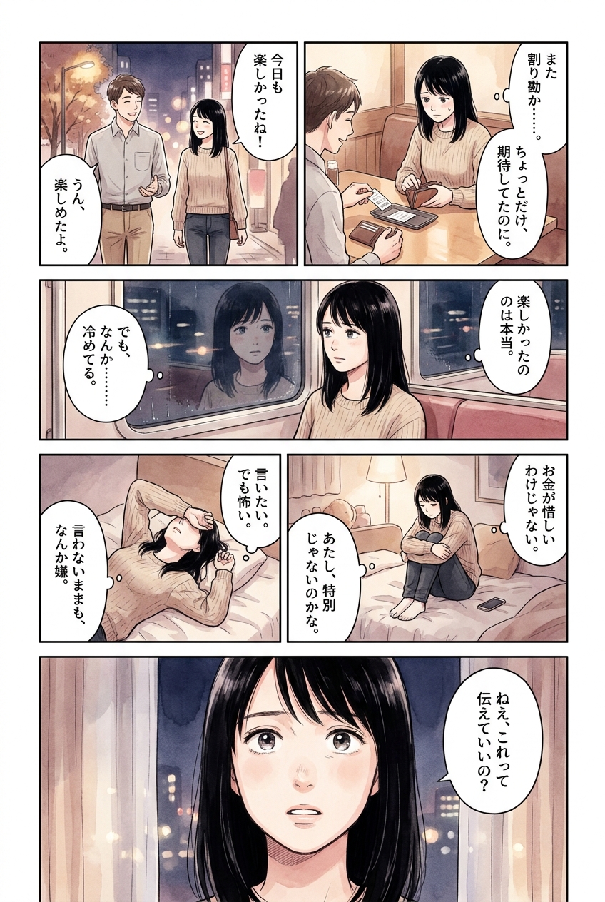 割り勘で幻滅した気持ち、伝える？飲み込む？関係別の判断軸｜恋愛マンガ