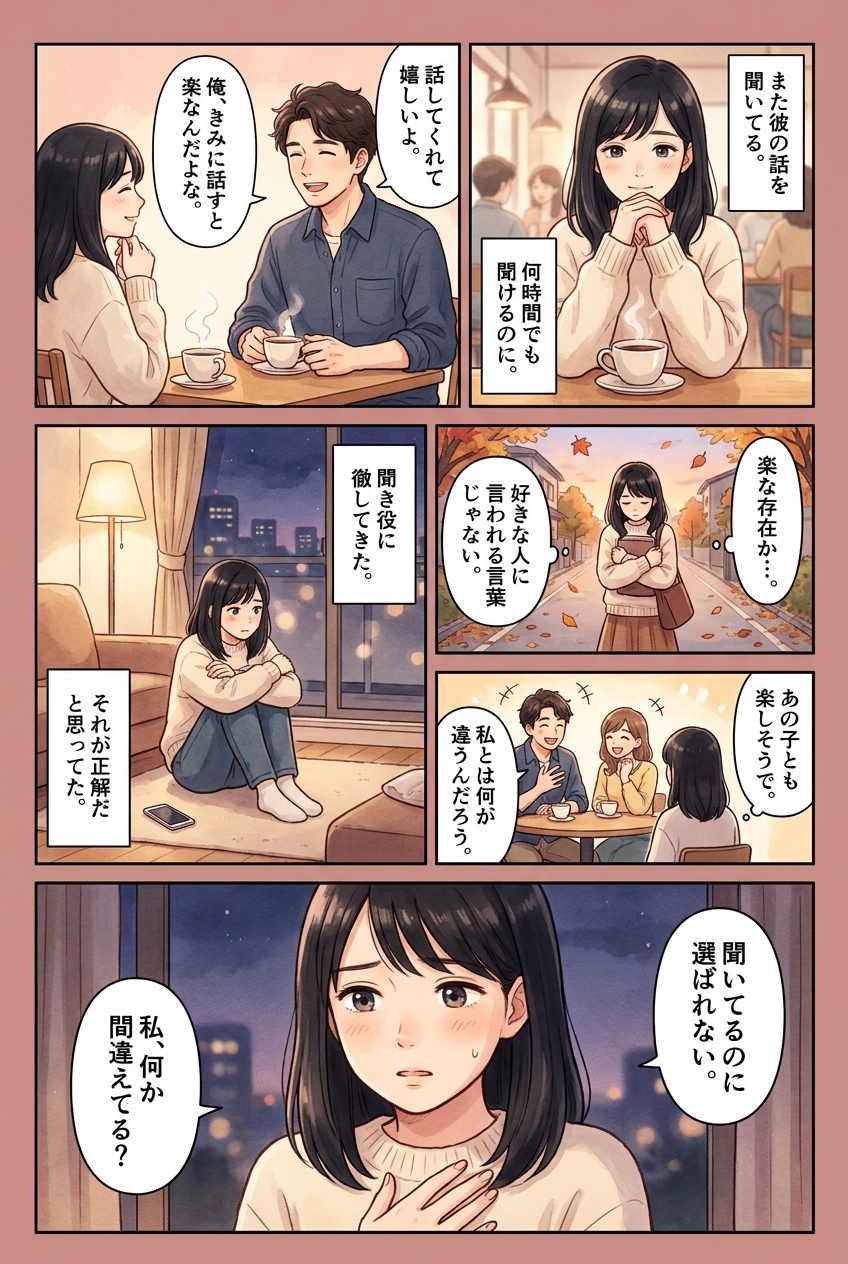 聞き上手が恋愛で得をする場面4つと、やりすぎが裏目に出る境界線｜恋愛マンガ
