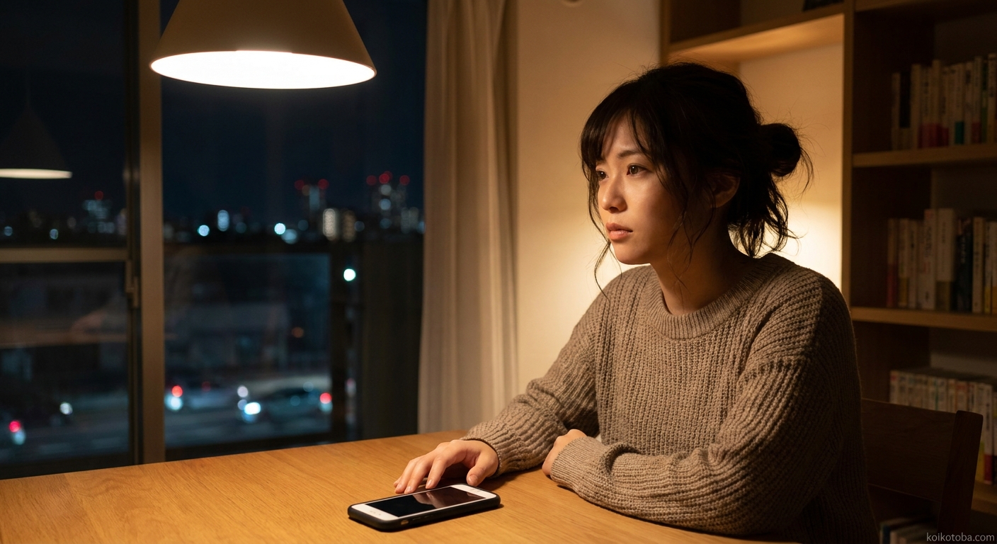 夜の部屋でスマートフォンを前に考え込む女性