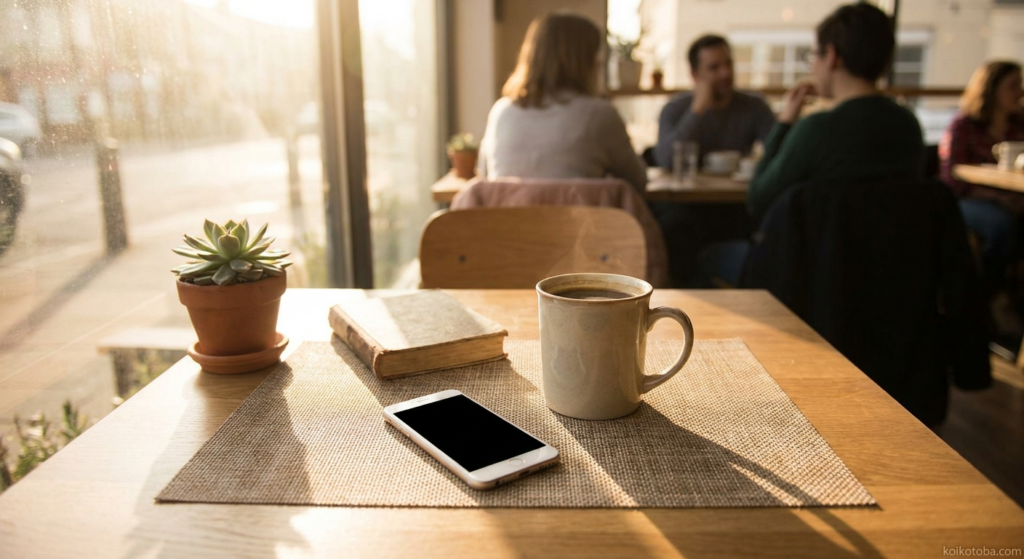 カフェのテーブルにコーヒーとスマートフォンが置かれ、日差しが差し込む穏やかな午後の風景