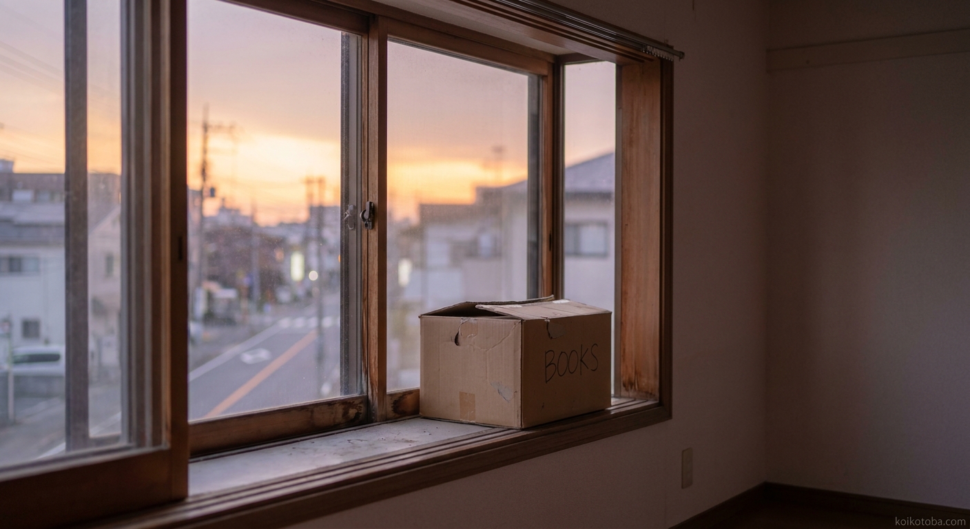 夕暮れの窓辺に置かれた段ボール箱と荷造り前の静かな部屋