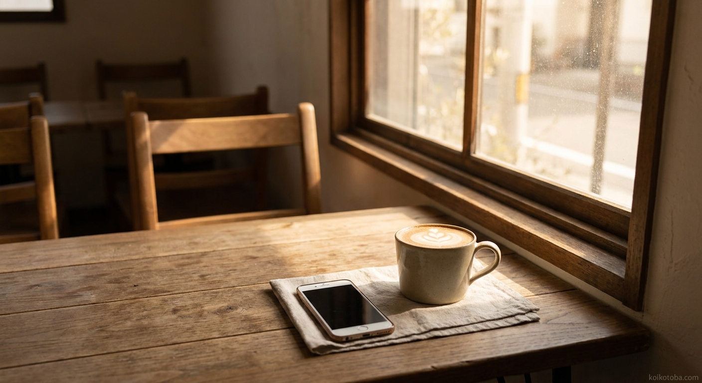 カフェのテーブルに置かれたコーヒーカップとスマートフォン