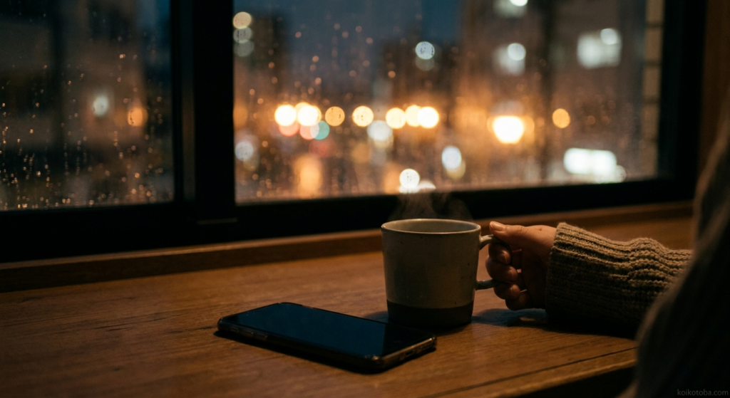 夜のテーブルに置かれたスマートフォンとマグカップ
