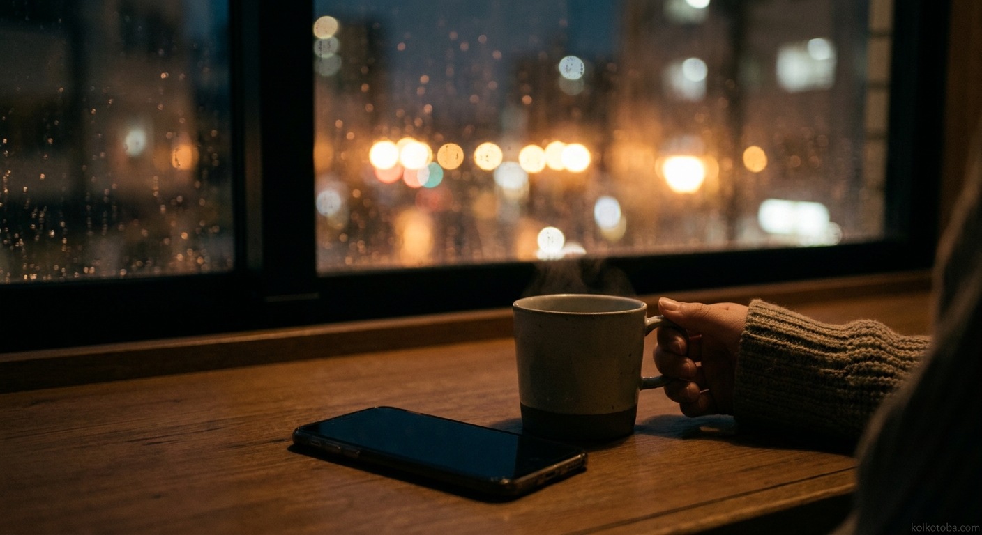 夜のテーブルに置かれたスマートフォンとマグカップ