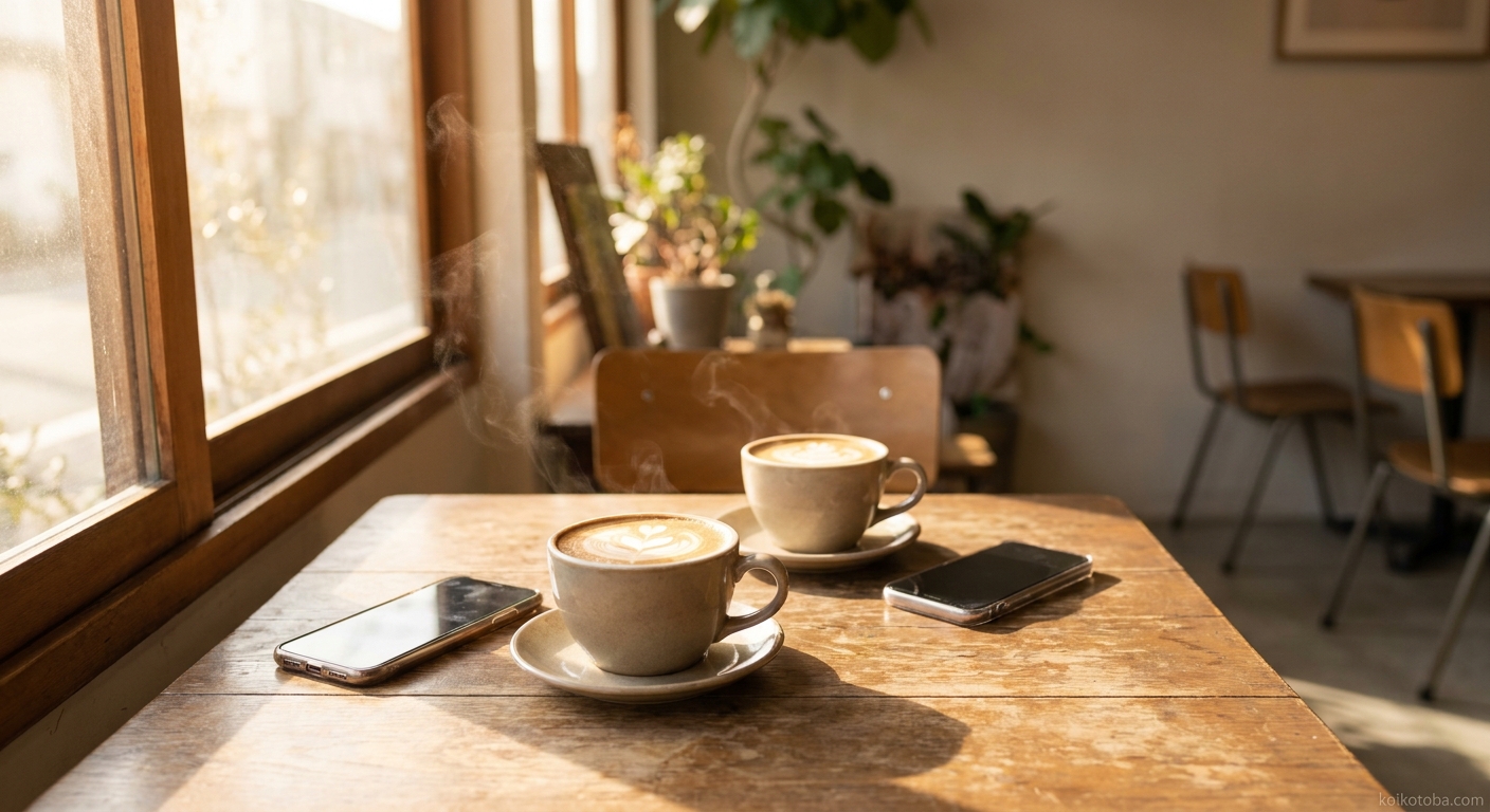 カフェのテーブルに置かれたふたり分のコーヒーカップとスマートフォン