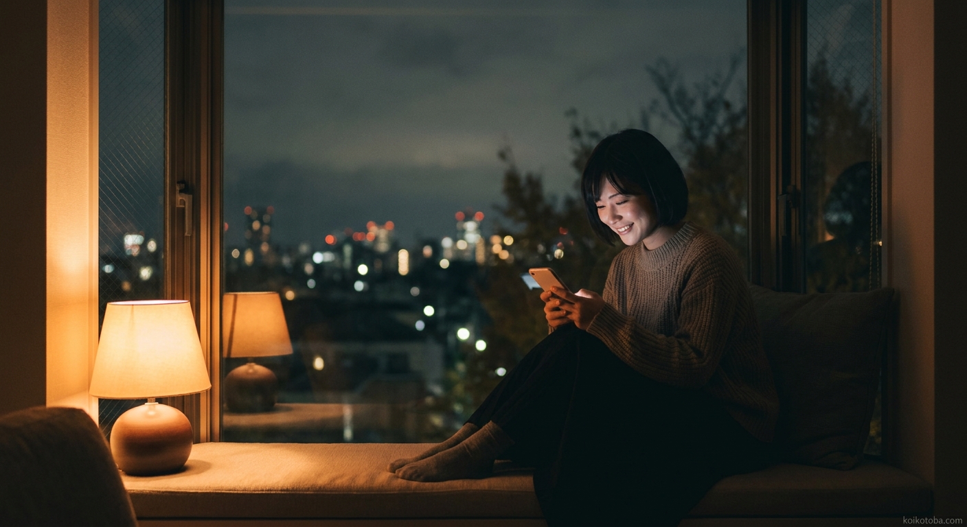 夜の窓際でスマートフォンを手に持つ女性