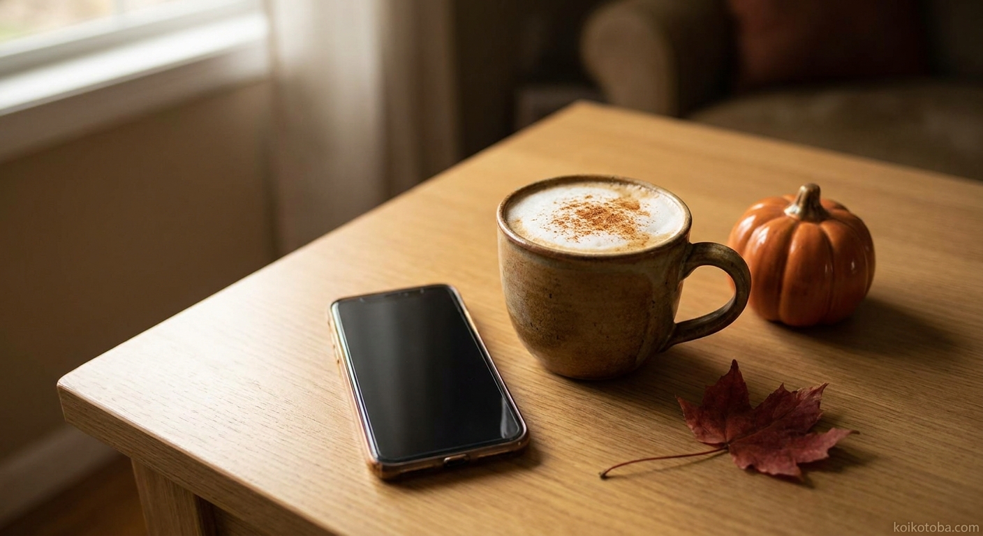 秋のカフェテーブルの上のスマートフォンとマグカップ