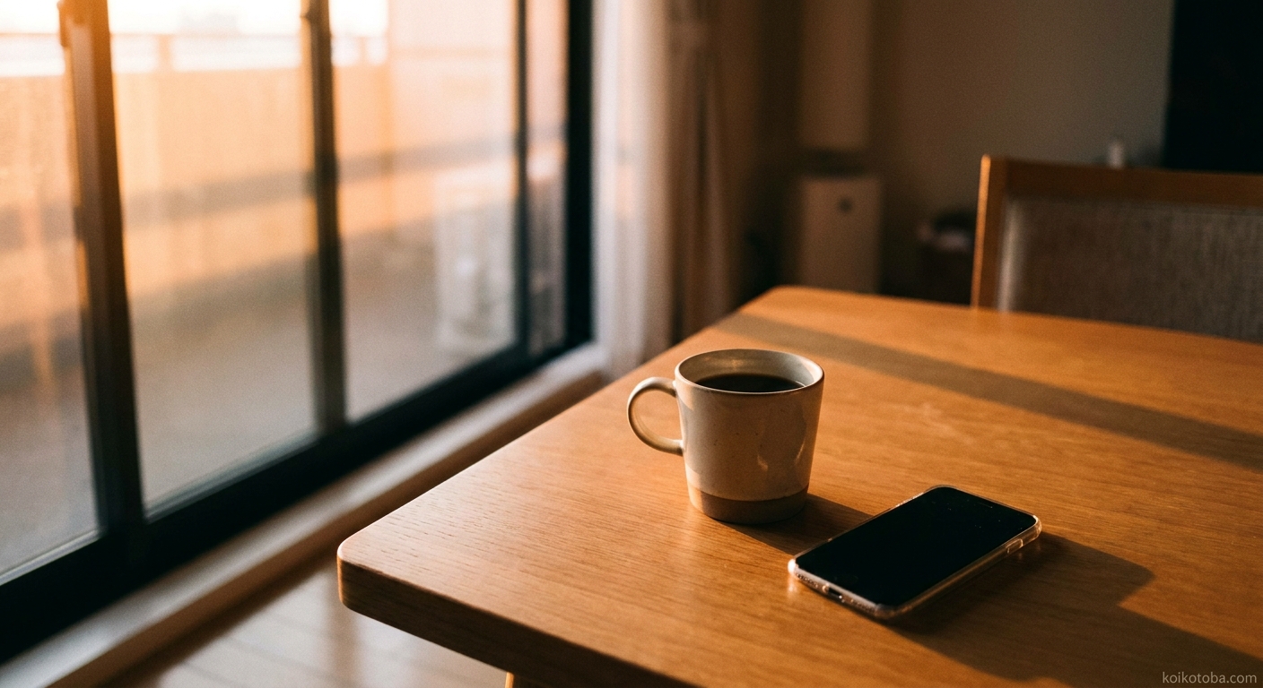 夕暮れの窓辺に置かれたスマホとコーヒーカップ