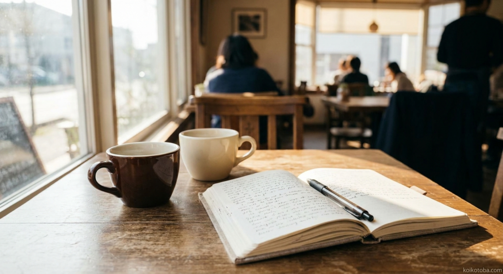 カフェのテーブルに並ぶ二つのコーヒーカップと開いたノート