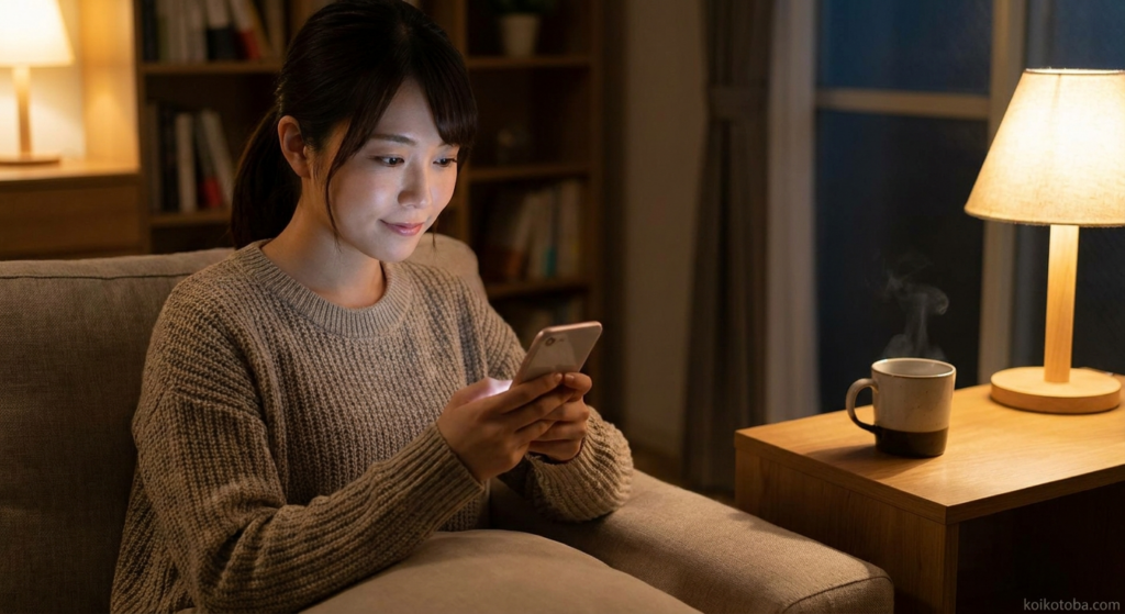 夜にスマートフォンを見つめながら考え込む人物