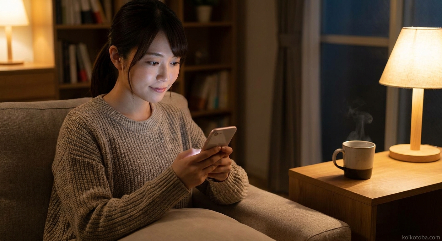 夜にスマートフォンを見つめながら考え込む人物