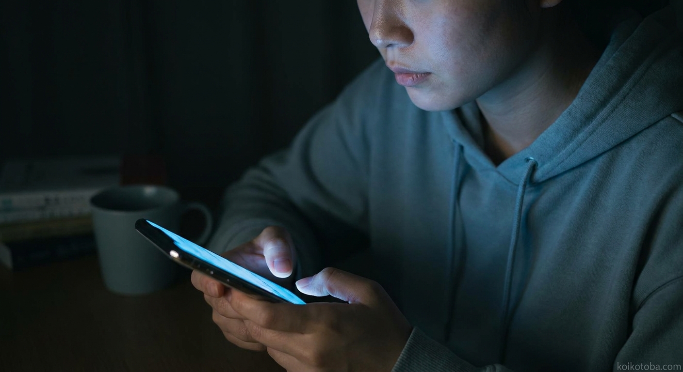 夜にスマートフォンを見つめる人物の手元