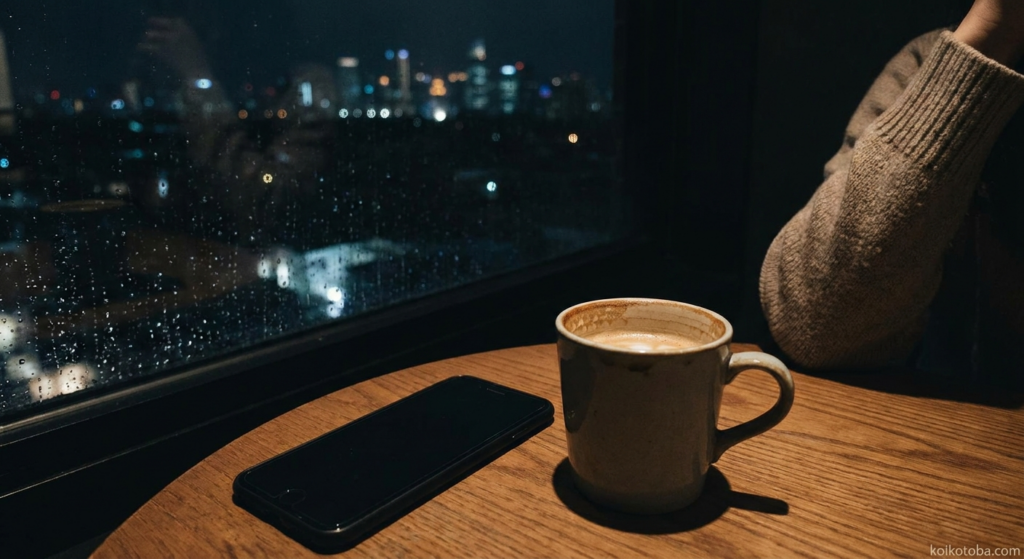 夜の部屋に置かれたスマートフォンとコーヒーカップ