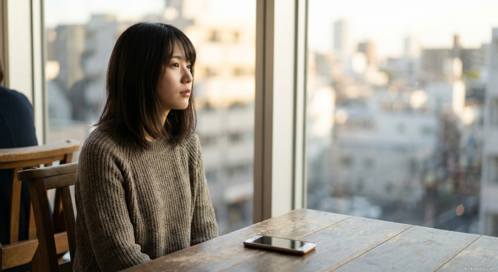 窓辺でスマートフォンを前に遠くを見つめる女性