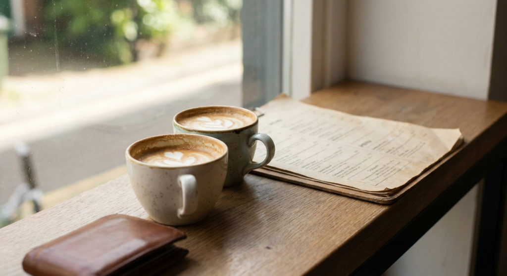カフェのテーブルにふたり分のコーヒーと財布が置かれた情景