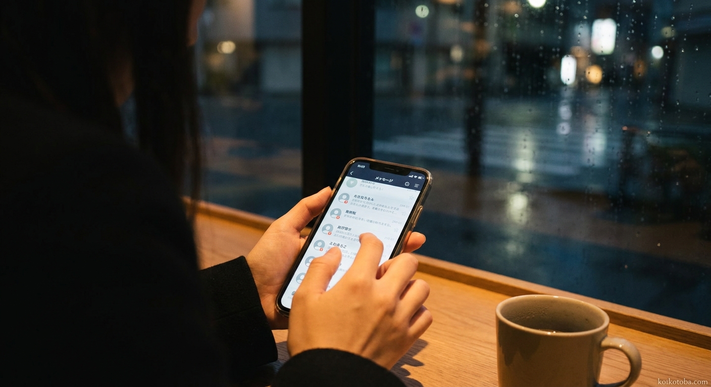 夜にスマホを手にしながら返信を待つ女性の手元