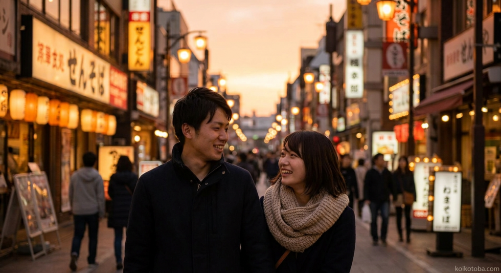 夕暮れの商店街を並んで歩くカップル