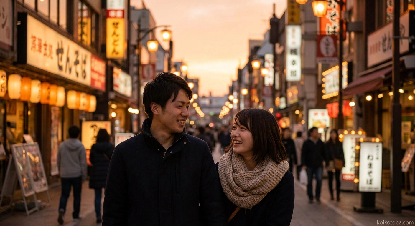 夕暮れの商店街を並んで歩くカップル