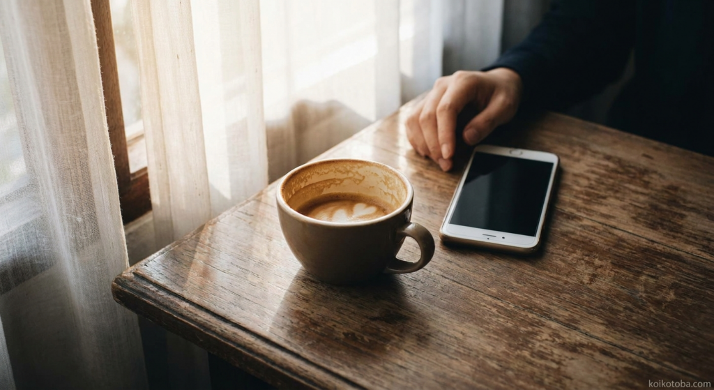 窓際のテーブルに置かれたコーヒーカップとスマートフォン