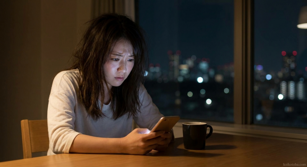 夜にスマートフォンを持ちながら告白メッセージを悩む女性