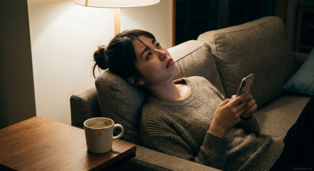 婚活に疲れてスマートフォンを見つめる女性