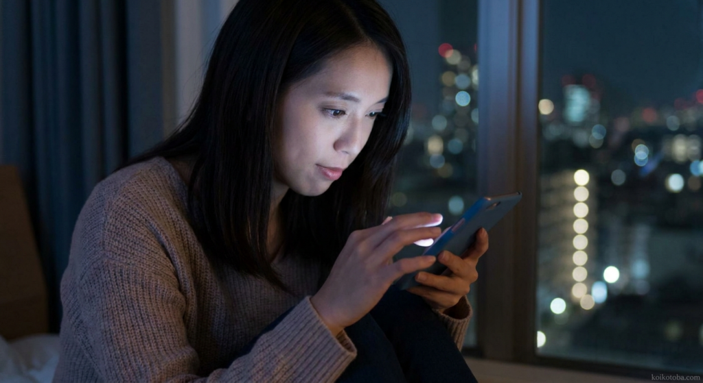 夜にスマホを見つめる女性