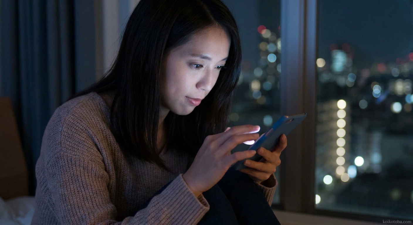 夜にスマホを見つめる女性