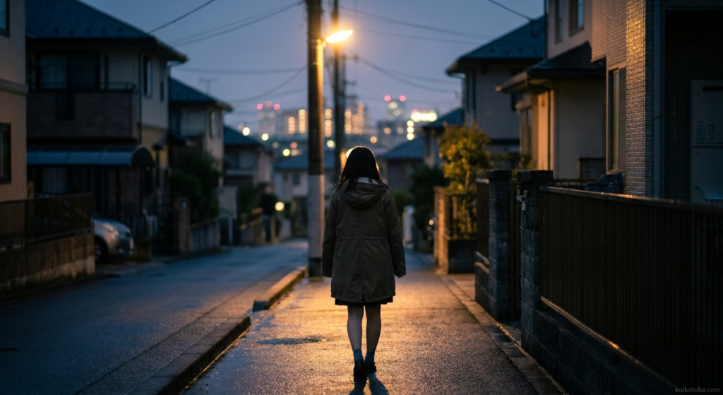 夜の帰り道を歩く女性の後ろ姿