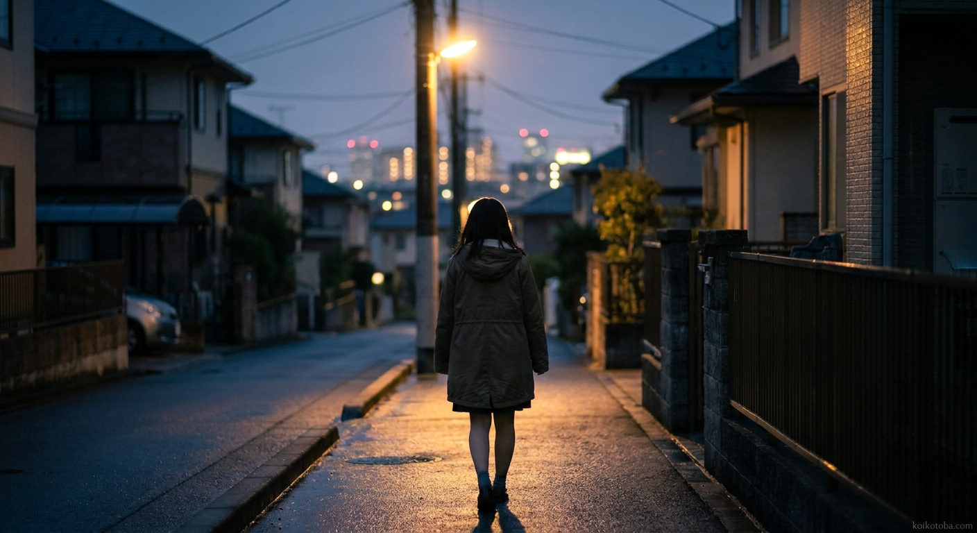 夜の帰り道を歩く女性の後ろ姿