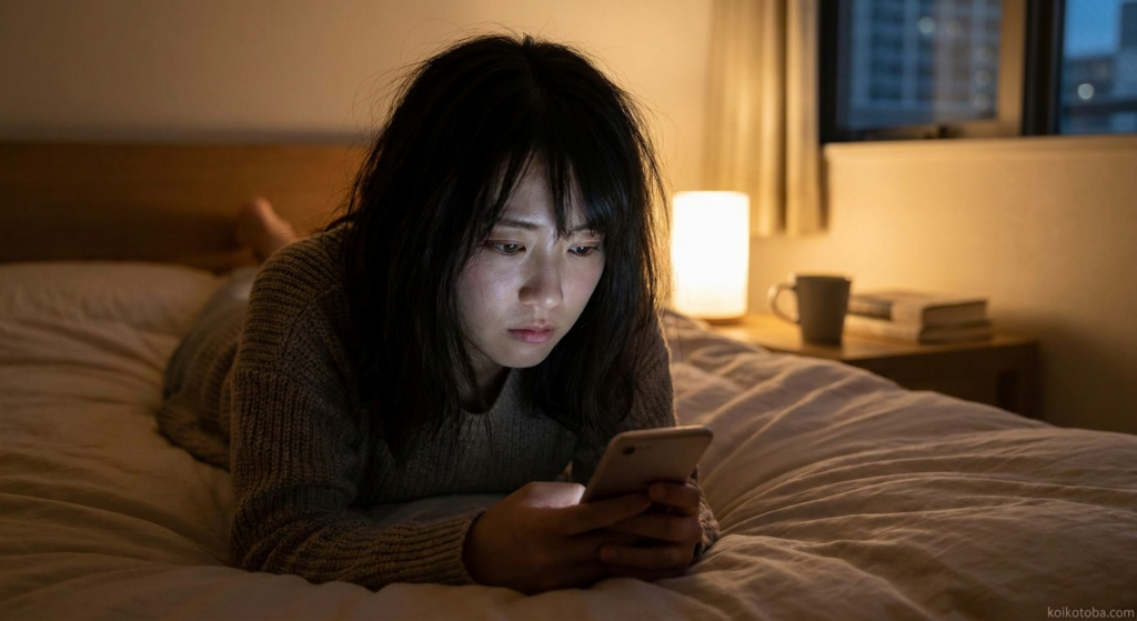 夜スマートフォンを見つめながら気持ちを考えている女性
