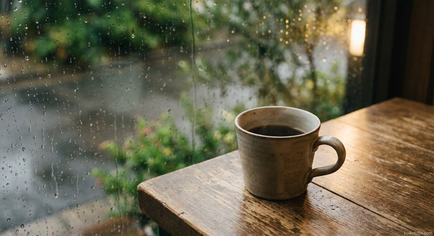 雨の窓辺とコーヒーカップの静かな情景