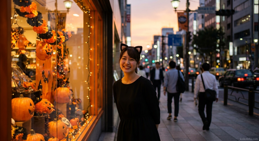 ハロウィンの飾り付けがされた街で笑顔の女性