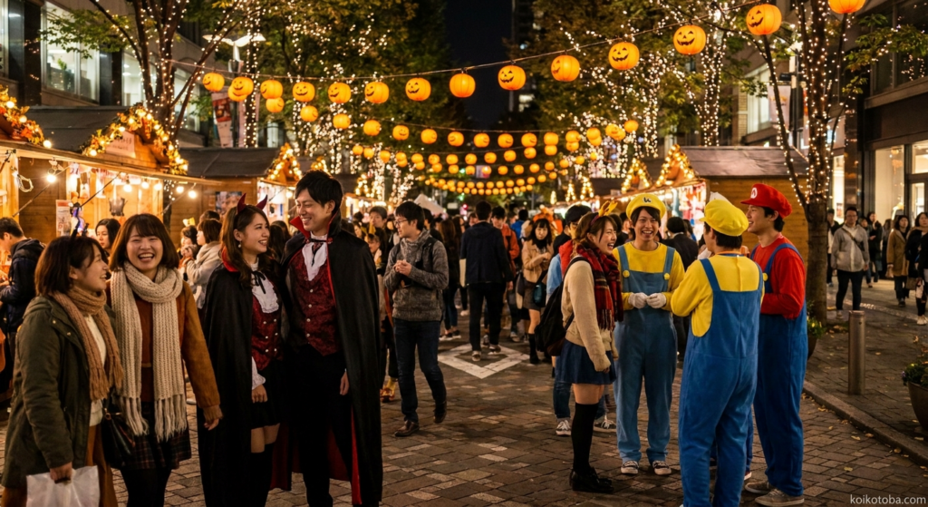 ハロウィンイベント会場でかぼちゃのランタンを囲む仮装した若者たち