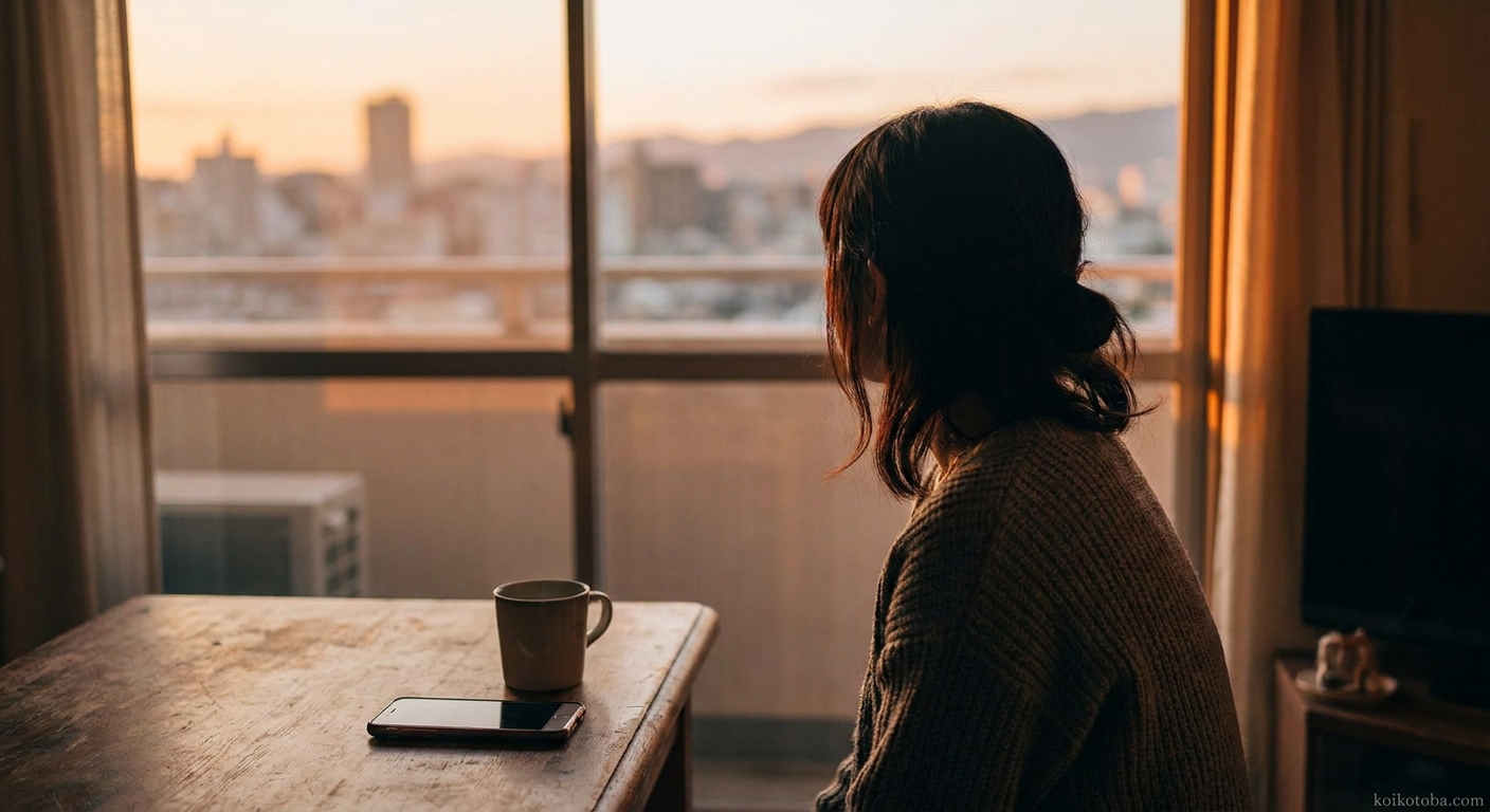 窓の外を眺めながら待つ女性とテーブルの上のスマートフォン