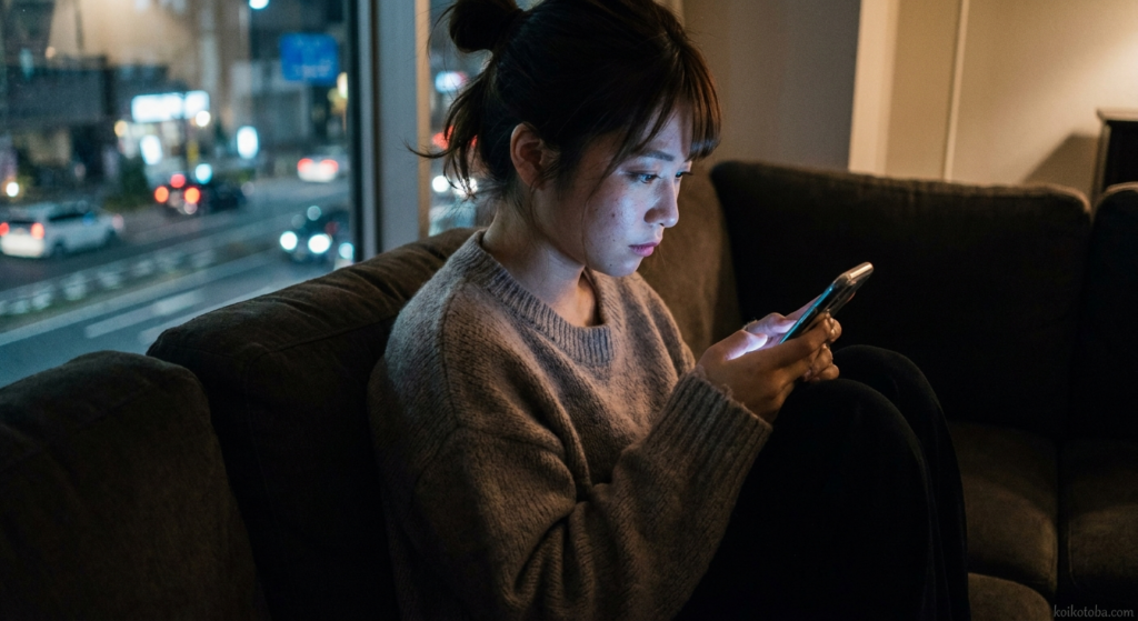 夜にスマートフォンを見つめて一人でいる女性