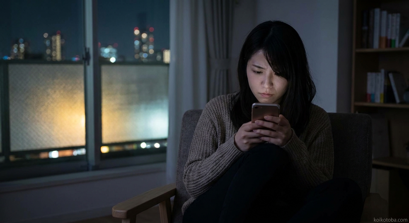 スマートフォンを持ちながら考え込む女性
