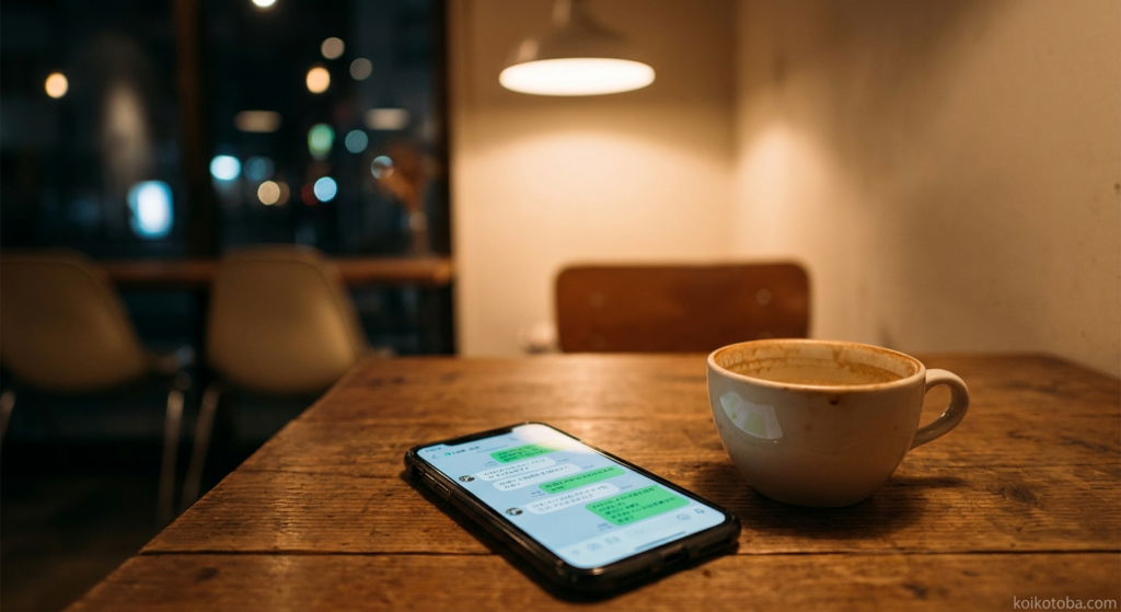夜のカフェでLINEのトーク画面を開いたスマートフォン