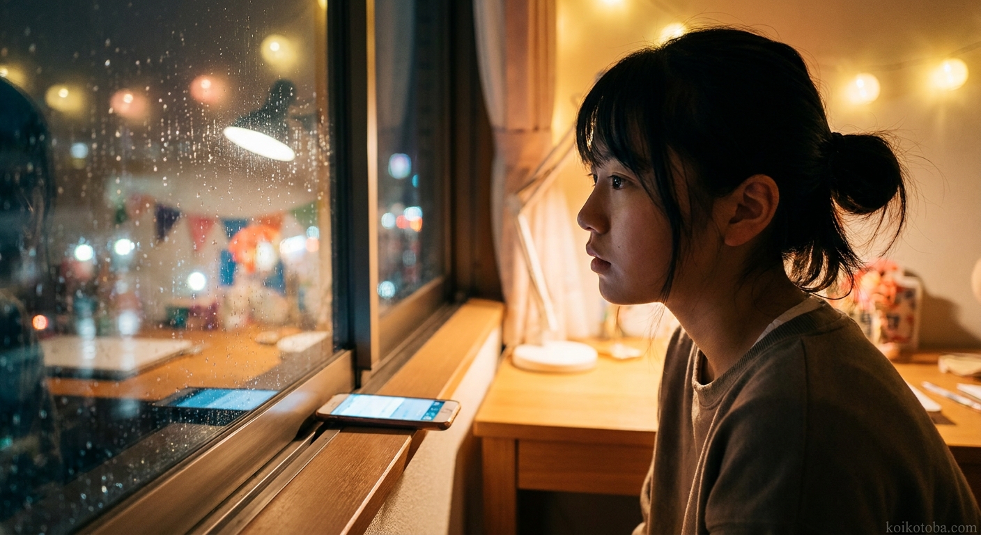 文化祭の前夜にスマホを前に窓の外を見つめる女の子
