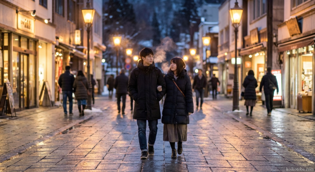 冬の夜道を並んで歩く二人、街灯と白い吐息